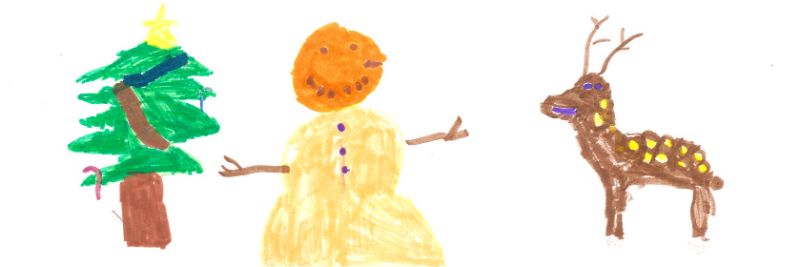 childrens drawing of christmas tree, snowman and reindeer