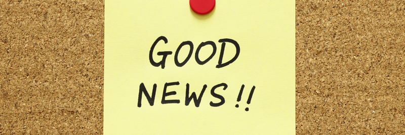 brown background with yellow label saying good news